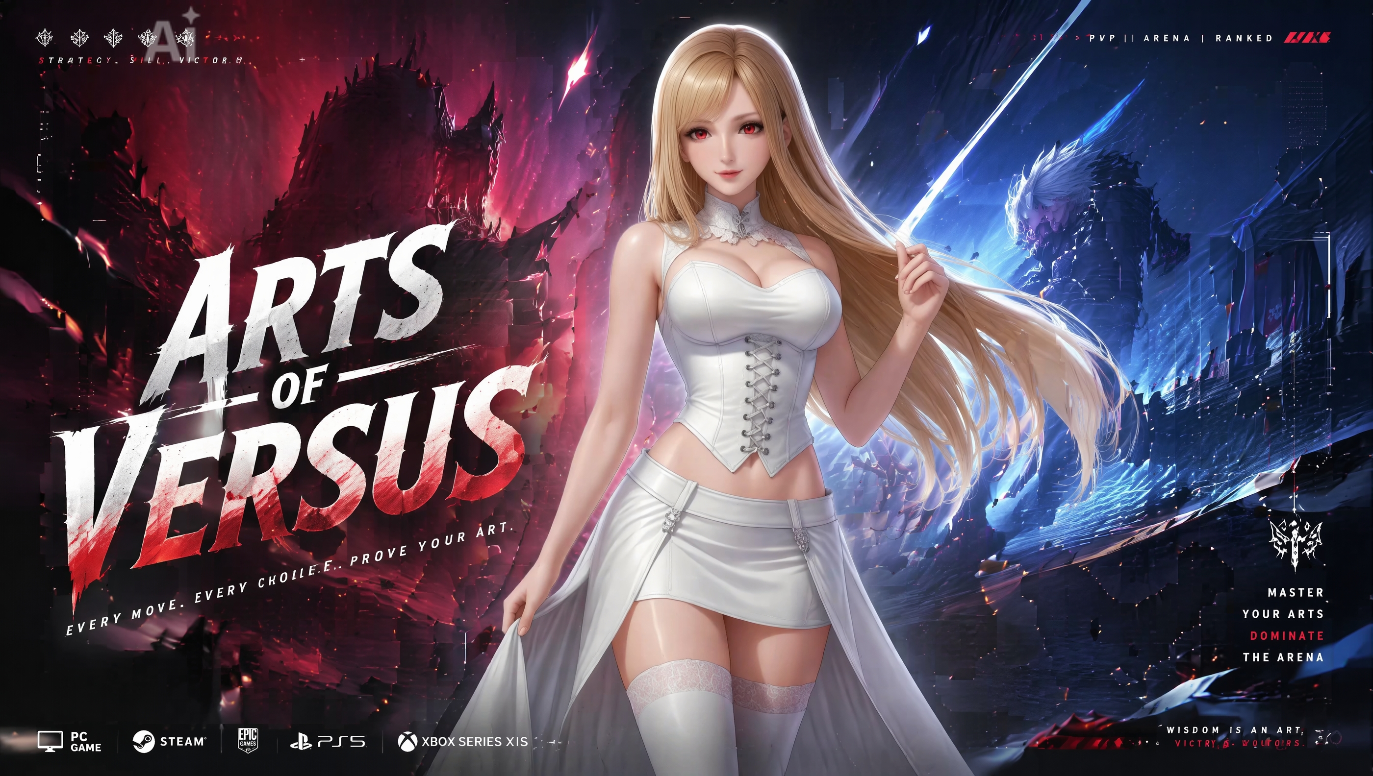 Arts of Versus key art — three fighters facing off in a PvP arena