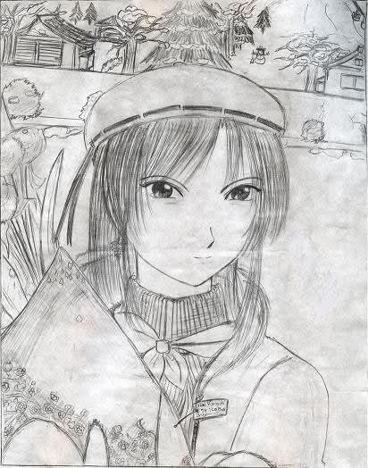 Early pencil sketch of a shrine maiden character