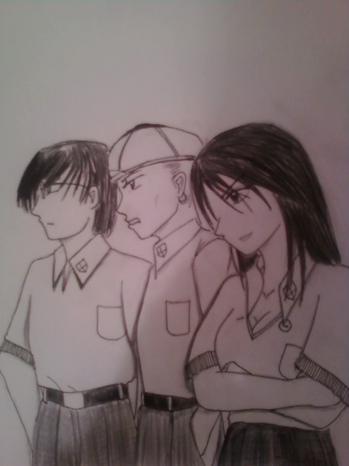 Sketch of three characters in school uniforms