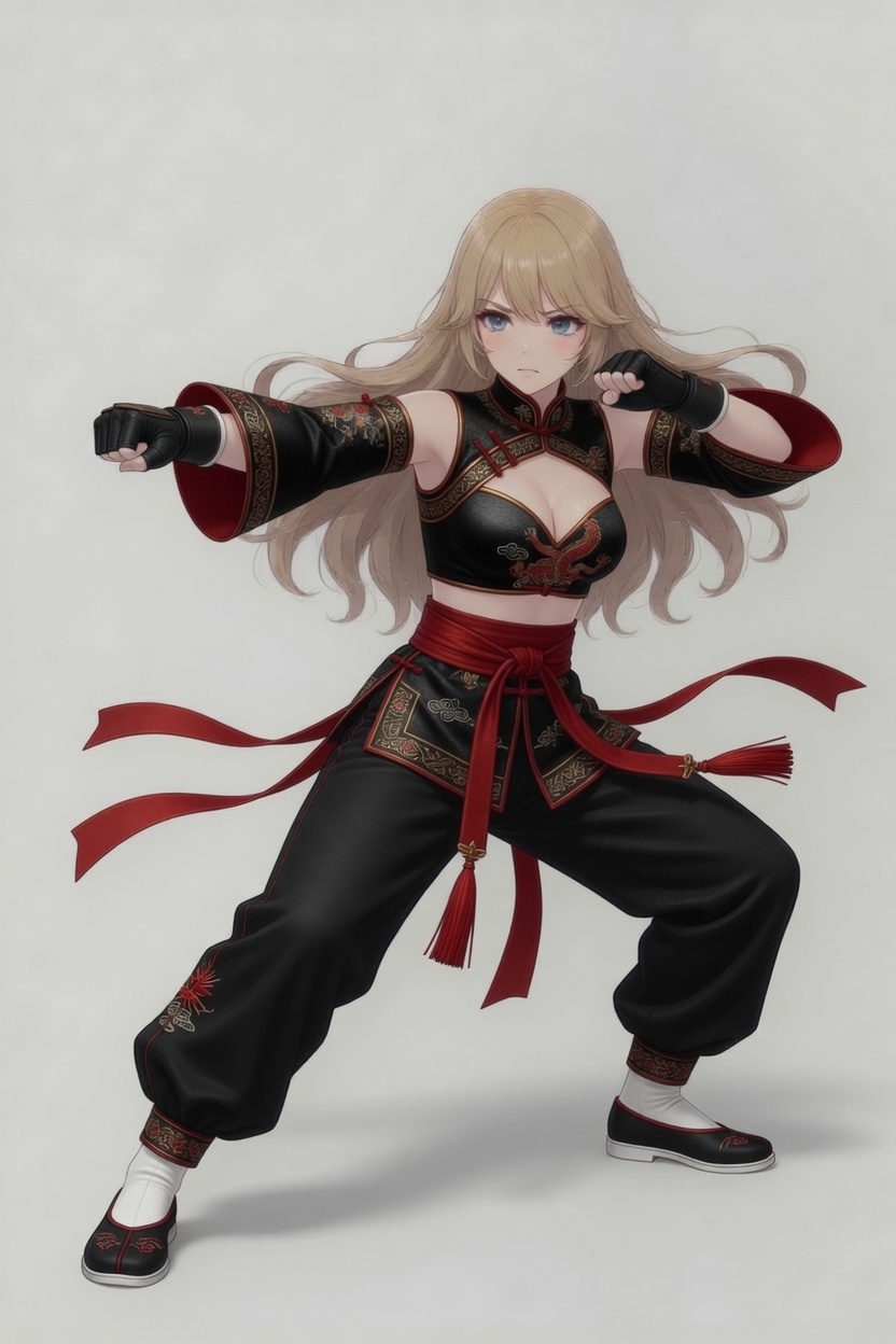 Concept fighter — crimson qipao, battle pose