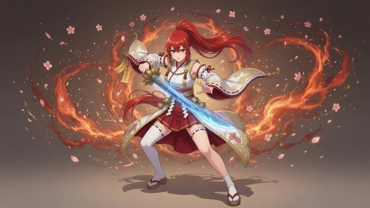 Concept character — red-haired swordswoman with a glowing blade