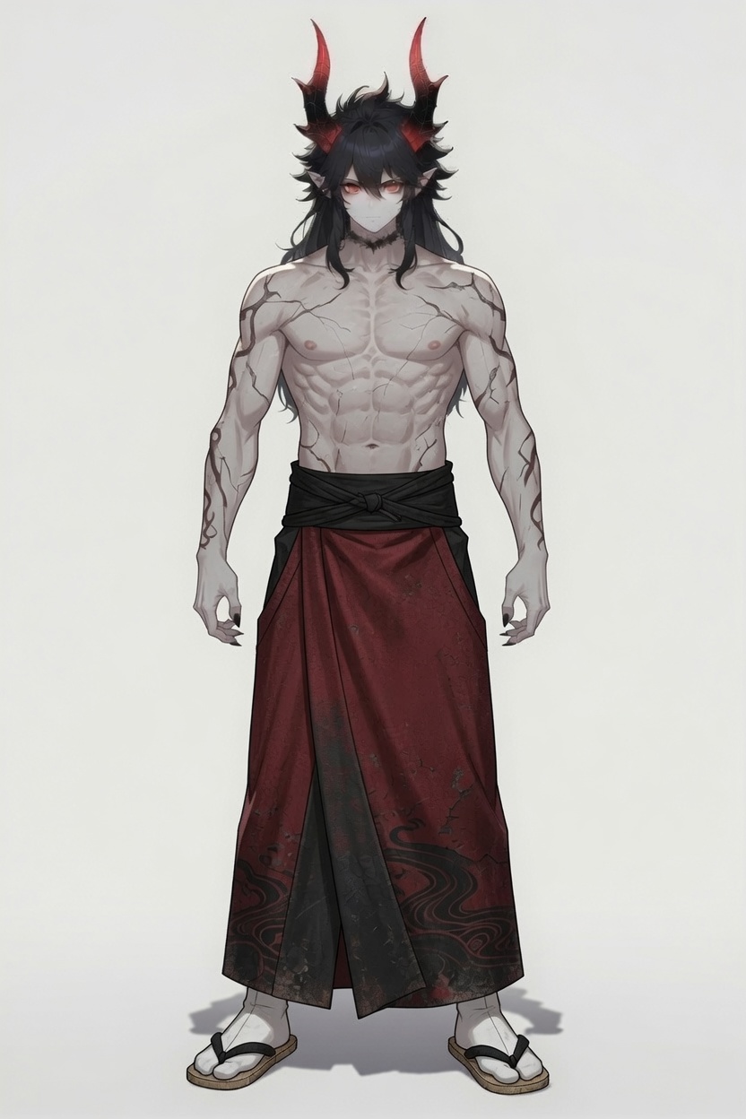 Concept character — cracked-skin yokai, crimson form