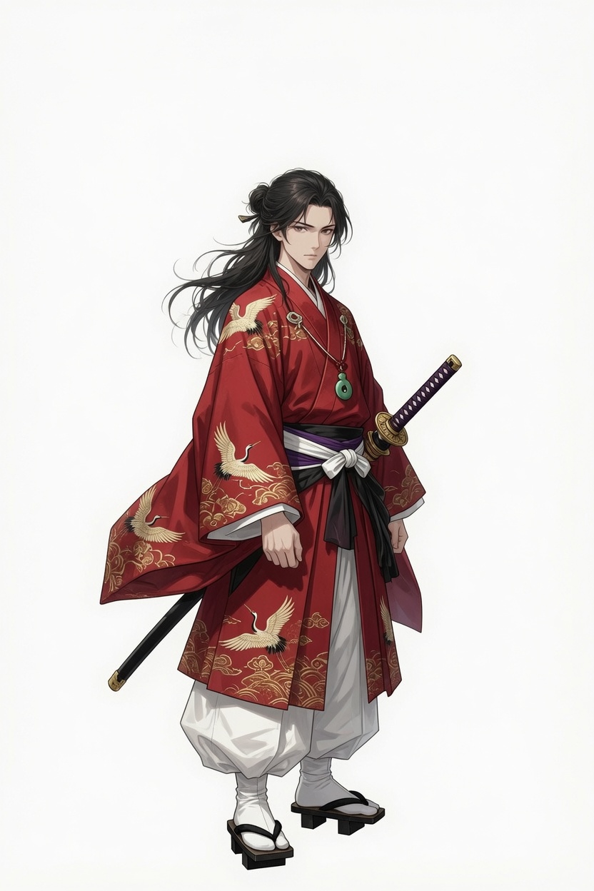 Concept character — swordsman in a red crane-patterned kimono