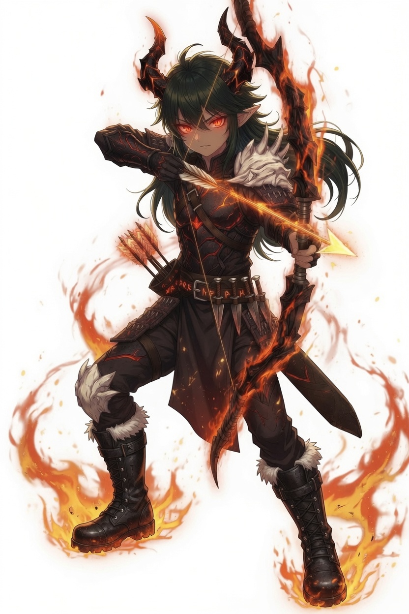 Concept character — horned archer wielding a flaming bow