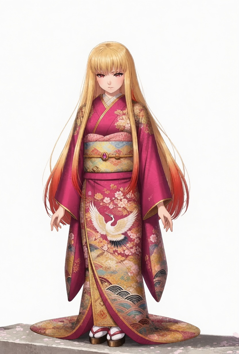 Concept character — shrine priestess in formal pink and gold kimono