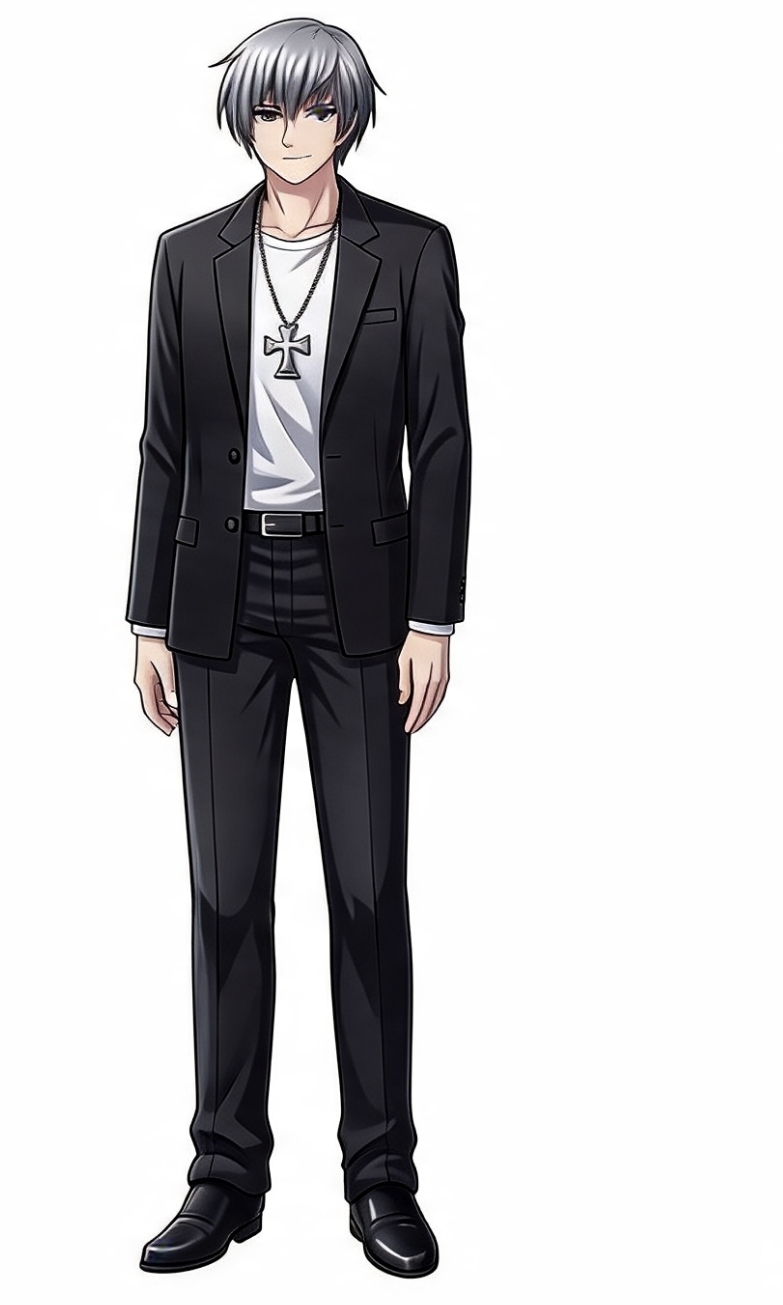 Concept character — silver-haired man in a black suit with a cross pendant