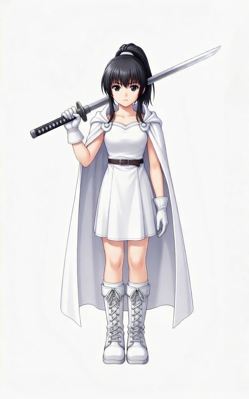 Concept character — swordswoman in a white cloak