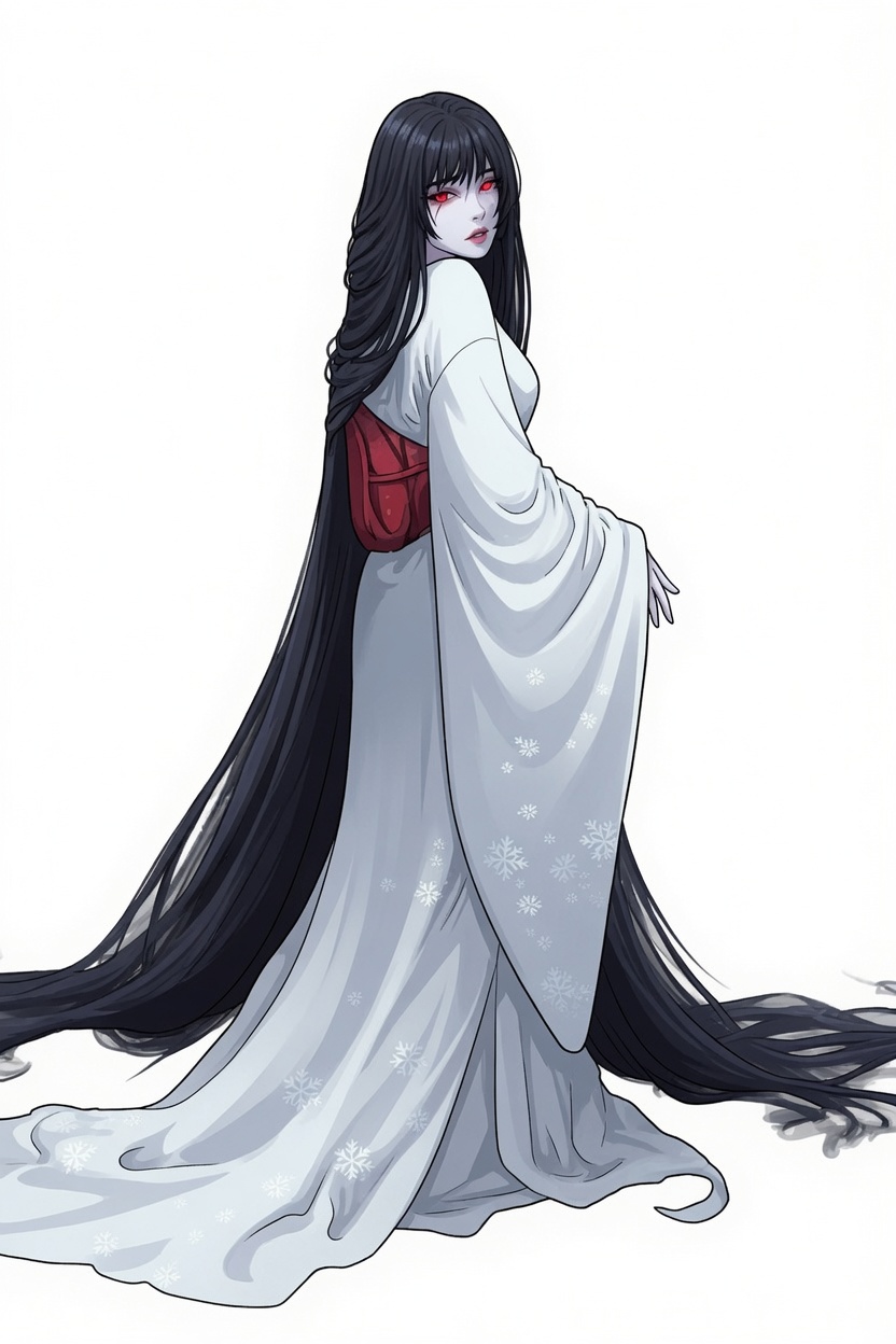 Concept character — pale spirit in a snowflake-patterned kimono
