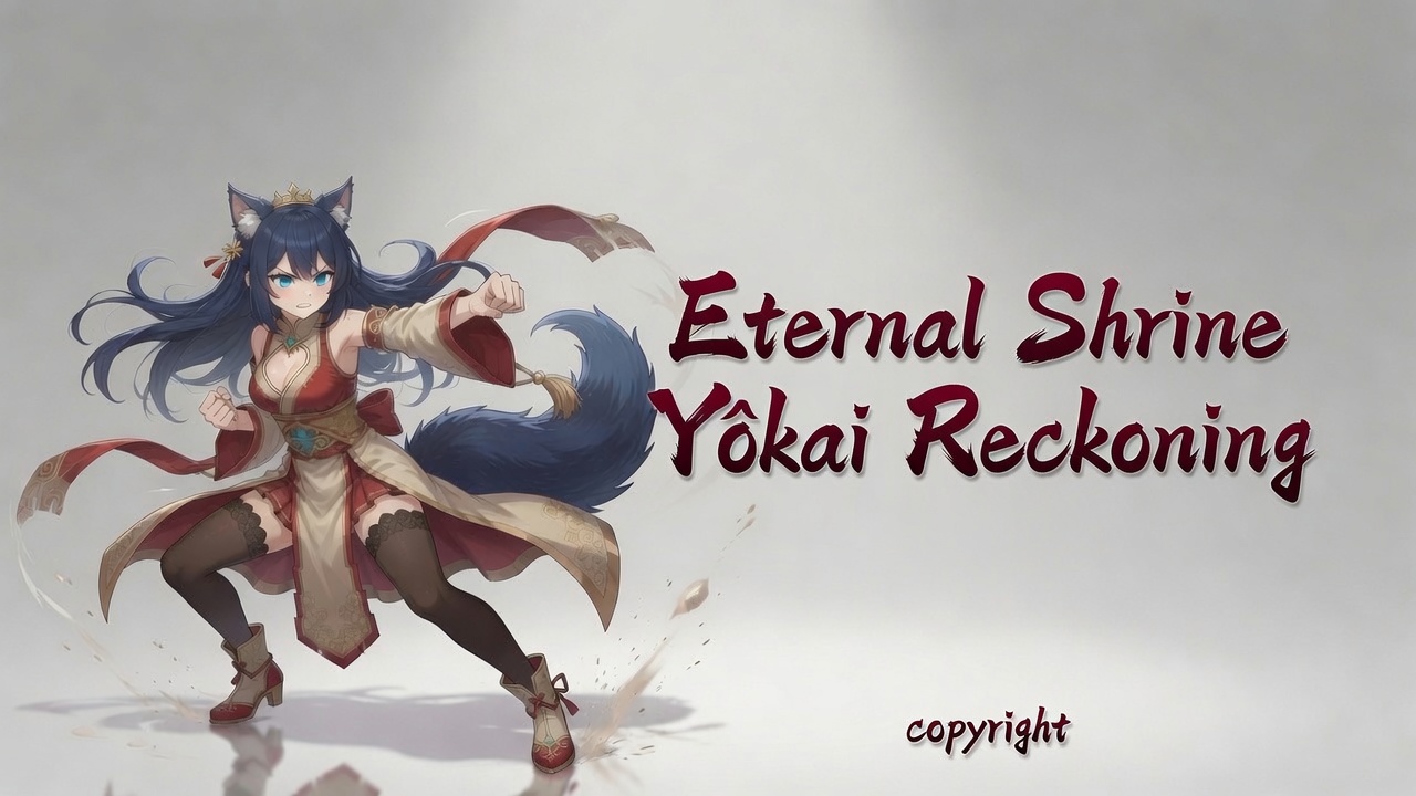 Eternal Shrine: Yôkai Reckoning key art — kitsune-eared guardian mid-stance